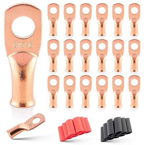RED WOLF 6 AWG 5/16(M8) 20 Pcs Wire Lugs Ring Terminal Connectors Ends, 6 Gauge Battery Cable Copper Connector Ring Ends Stud w/Heat Shrink Tubing 3:1 Black Red for Automotive Electrical