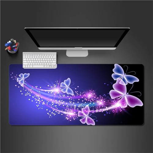QiHon Gaming Mauspad XXL Lila Schmetterling Großes Mauspad Schreibtischauflage mit Vernähte Kanten Einer speziellen Oberfläche verbessert Geschwindigkeit und Präzision 900x400x2mm