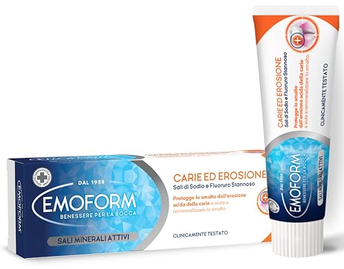 Emoform Dentifricio Carie ed Erosione 75ml con Sali di Sodio e Fluoruro Stannoso - Protegge lo Smalto dall'Erosione acida della Carie e aiuta a Remineralizzare lo Smalto - Clinicamente Testato