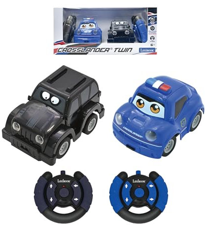 Lexibook, Crosslander® Twin, 2er-Set funkferngesteuerte Autos (Polizeiauto, Diebesauto), bis zu 12km/h, Sound- und Lichteffekte, 2 Fernbedienungen, Schwarz/Blau, RC12