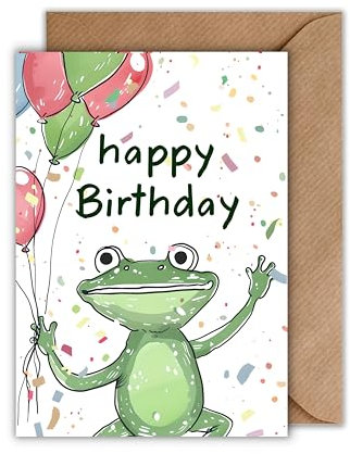 WBdesignz Lustige Geburtstagskarte mit Frosch – Happy Birthday Karte mit Ballons & Konfetti – Niedlich & humorvoll für Kinder & Erwachsene (DIN A6)