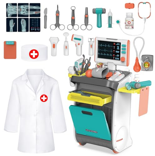 deAO Juego De Doctor para Niños con Bata De Médico y Estetoscopio, Juguetes De Medicos con Luces y Sonido, Maletin Medicos Juguete, Juego De Roles Juguetes Niñas y Niños 3+Años（Azul）
