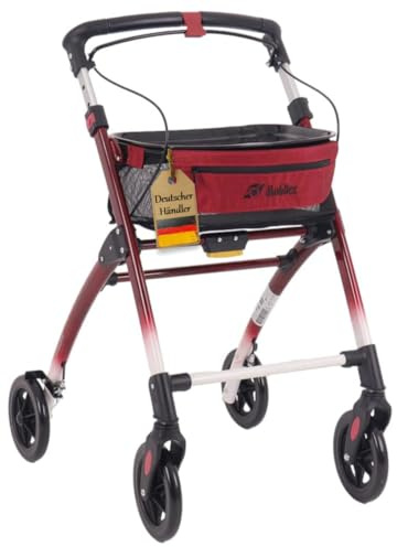 FabaCare Indoor Rollator Jaguar, schmal mit Tablett, Leichtgewicht Wohnungsrollator faltbar, Heimrollator, bis 100 kg, Rot/Weiß