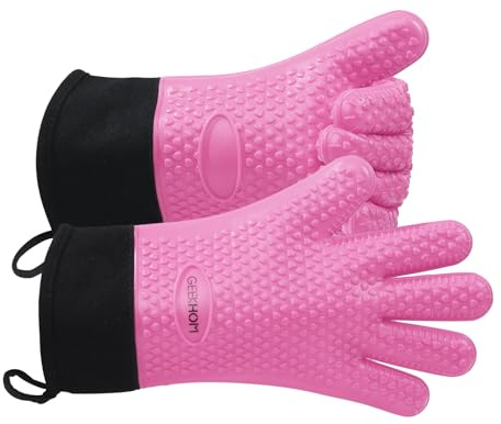 GEEKHOM Silikon Ofenhandschuhe Hitzebeständig Topfhandschuhe BBQ Handschuhe Wasserdicht Küchenhandschuhe für Backofen Grillen Mikrowelle, rutschfeste Backhandschuhe Mit Fingern, Rosa, M