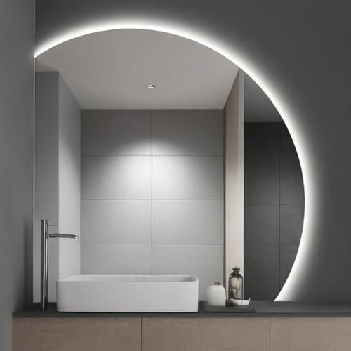 InnoMirroK Semicircle Illuminated Bathroom Mirror, LED 3-Color Light Makeup Mirror, Intelligent Anti-Fog Wall Mirror, for Bathroom/Bedroom/Dressing Table 100×100cm(Left Under Cut,110cm/43)