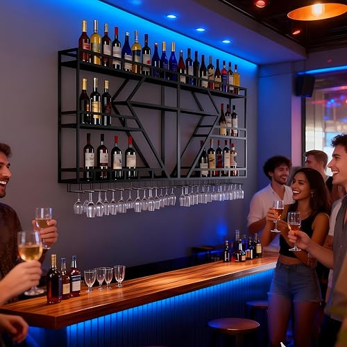 SPTZQURY Weinregal zur Wandmontage mit Wein Glashalter, 3 Lagiger Großes Industriell Schwebende Wandmontage Weinflaschenhalter, Bar Multifunktionaler Weinpareite Display Rack (Schwarz, 3 Tier,200cm)