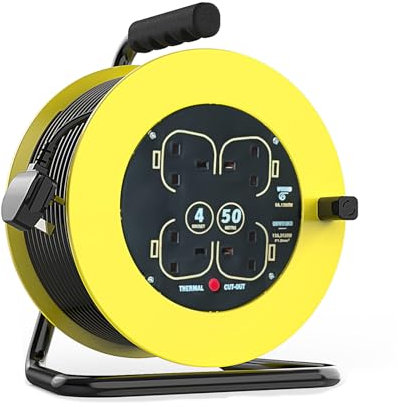 4 Way 50 Meters Cable Extension Cord Reel,13A Electrical Extension Reel,50m Outdoor Extension Lead,Extension Lead Garden Outdoor