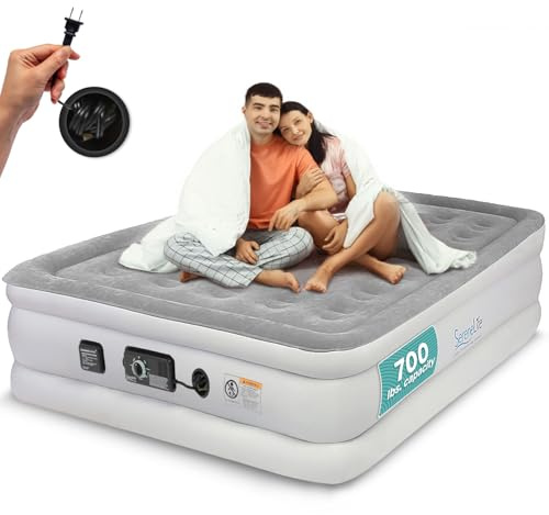 SereneLife 18’’ Full Size Air Mattress with Built-in High-Speed Pump – Inflatable Raised Bed with 700 lbs Capacity, Soft Flocked Top, Strong Spine Support, Portable Airbed for Home, Guests & Camping