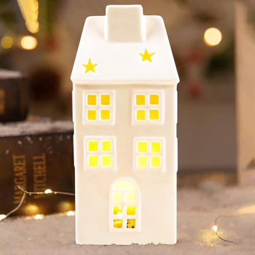 Teelichthaus Keramik, Weihnachtsdeko Lichthäuser mit LED Licht, Lichterhaus aus Porzellan, Lichthaus Weiss Weihnachtshaus Teelicht Haus Windlicht Haus Teelichthalter für Weihnachten Deko (C)