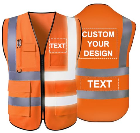 YouBaiVS Gilet de Sécurité Personnalisable pour Hommes Haute Visibilité Réfléchissant 5 Poches avec Logo Fermeture à Glissière S-5XL pour Vêtements de Travail de Protection Extérieure Orange