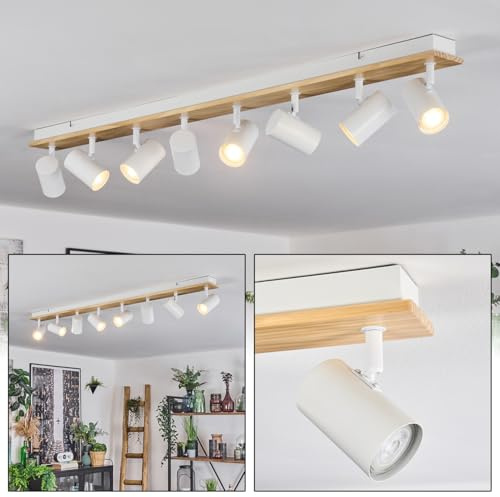 HOFSTEIN Deckenleuchte Gesteira, 8-flammige Deckenlampe aus Metall/Holz in Weiß/Natur, Leuchte im Boho-Design mit verstellbaren Schirmen, GU10, Esszimmer, Wohnzimmer, Küche, Schlafzimmer, Flur