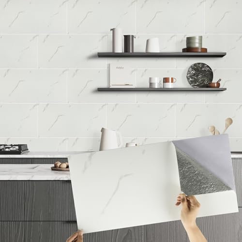 Alened Adhesivos para azulejos blancos de 30 x 60 cm, 10 unidades, de mármol, autoadhesivos, impermeables, para pared de cocina y baño