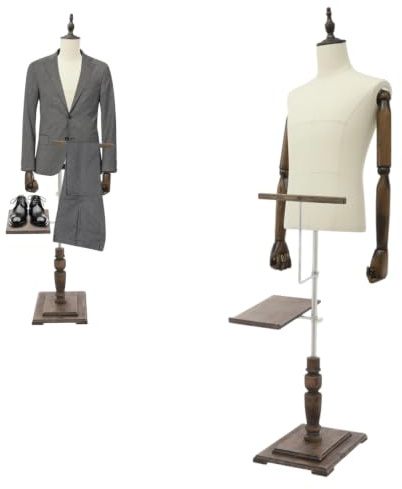 HuKaiL Schneiderpuppe, Holz Schaufensterpuppe Männliche Bügelpuppe Verstellbar Höhe 135-180cm mit Hosenständer und Schuhhalter, Abnehmbare Torso Annequin mit Leinen für Ausstellen Kleidung