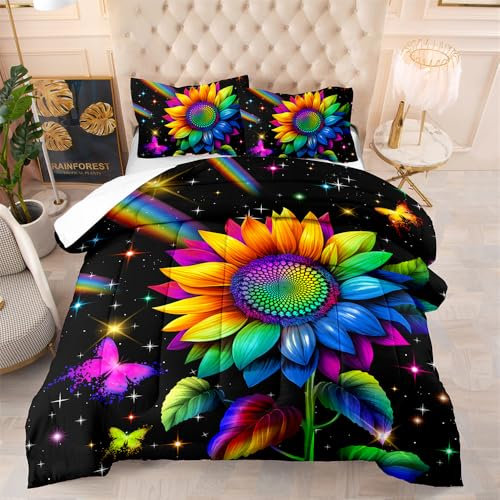 Bettdecke 140X200 Bunte Sonnenblumen Bettdecken 200Gsm,Dünne Und Leichte Duvet,4 Jahreszeiten Bettdecken,Weiche Mikrofaser Bettdecke Mit 2 Kissenbezüge,Warm Steppbettdecke Für Allergiker