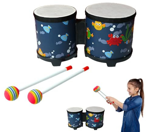 Bongo Tamburi Adulti | Simpatico giocattolo musicale a tamburo a mano - Graziosi strumenti musicali in legno con 2 bacchette colorate, regalo di compleanno durevole e sicuro