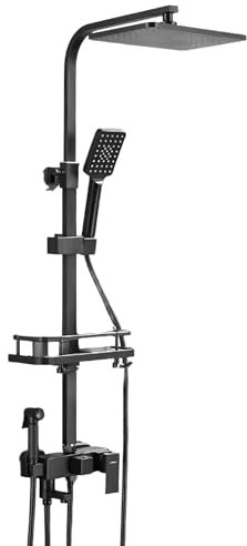 Thermostatische Duscharmatur Mit HöHenverstellbarem Duschsystem – 3/4 Wasserauslaufmodi, Inkl. Duschkopf, Halterung & Stauraumregalen FüR Bad-Accessoires (4-Stufen Schwarz)