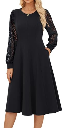 GRACE KARIN Elegant Women’s Midi Dresses Lace Long Sleeve Crew Neck A-Line Dresses Casual Solid Formal Cocktail Dress