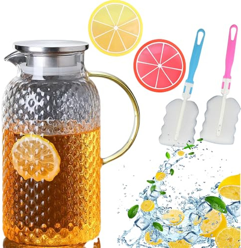 Fycooler Jarra de agua de vidrio de 1,8 L con tapa, fácil de limpiar, resistente al calor, jarra de borosilicato con posavasos y cepillo para té, jugo, sangría, bebidas frías/calientes con boquilla