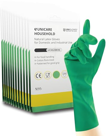 UNIGLOVES Unicare Household Green - Latex Reusable Household Gloves for Cleaning, Washing up and Food Processing - 12 Pairs - Size L