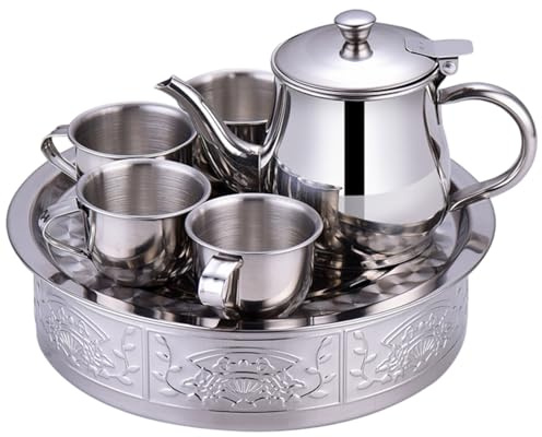 Eyccier Kids Tea Set Includes Portable 330ml Stainless Steel Long Spout Teapot with Filter Screen, 4 70ml Cups and Tray for Children Gifts..