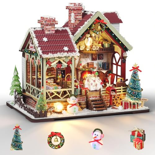 Cuteefun Miniatur Haus Selber Bauen Weihnachten – mit Musik & LED Licht | DIY Miniatur Haus Puppenhaus für Erwachsene, Wohndekoration, Einzigartiges Geschenk zum Weihnachten (Weihnachts-Lodge)