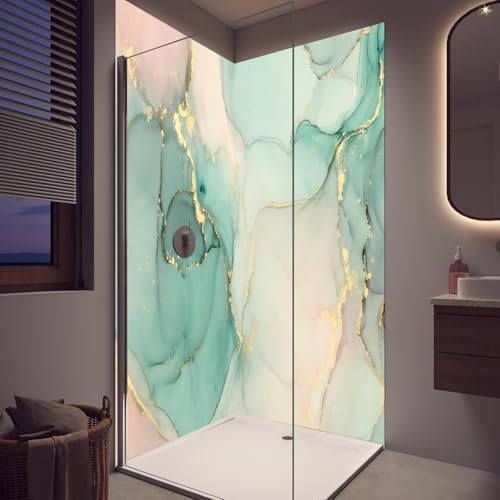 Duschrückwand Abstrakte grünliche Muster mit goldenem Rand - Wandverkleidung für Dusche aus Acryl 0,3 cm - fugenlos & wasserfest - einfache Montage - Rückwand Dusche 120 x 200 cm - RUECKWAND24