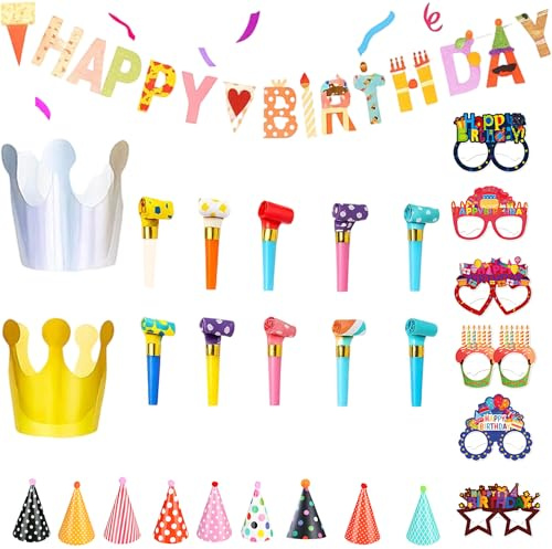 MXHBSTP 28Pcs Birthday Party Set with Mini Party Hats, Party Hats for Kids, Paper Glasses, Blowers for Kids, Birthday Hat, for Teddy