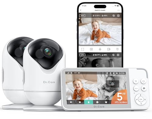 Dr. Care VistaView Baby Monitor Video e Audio WiFi con 2 Telecamere – 5 1080P, Camera 2K con Visione Notturna HD, Rilevamento Pianto e Movimento, Batteria 5000mAh, Audio Bidirezionale, Portata 390m