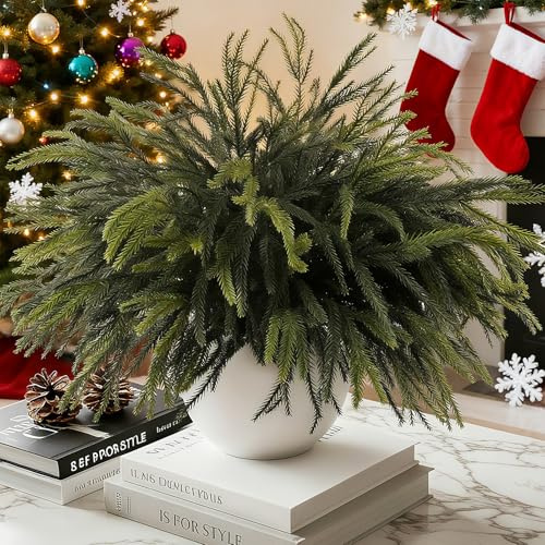 Kouamor 12 piezas de ramas de pino Norfolk de Navidad, 61 centímetros de tallos de vegetación verde artificial con toque realista, ramas de pino Norfolk artificiales para repisa de chimenea