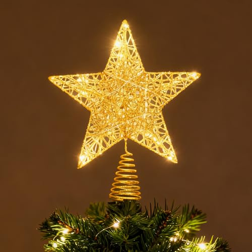ENLACE Gold Weihnachtsbaumspitze Stern mit 20 LED Lichterkette, Glitzer Christbaumspitze Stern 20x25cm,Baumspitze Weihnachten in Warmweiß,Beleuchtet Weihnachtsbaum Spitze für Weihnachtsdeko Silvester
