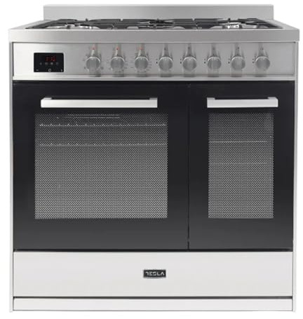 Tesla Dual Fuel Cooker - Freestanding, A/A Energy, 5-Burner Gas Hob, 90cm Double Cavity, 63L & 36L Ovens, Easy Clean Enamel, LED Timer, (T90DDFRCB) (Stainless Steel)