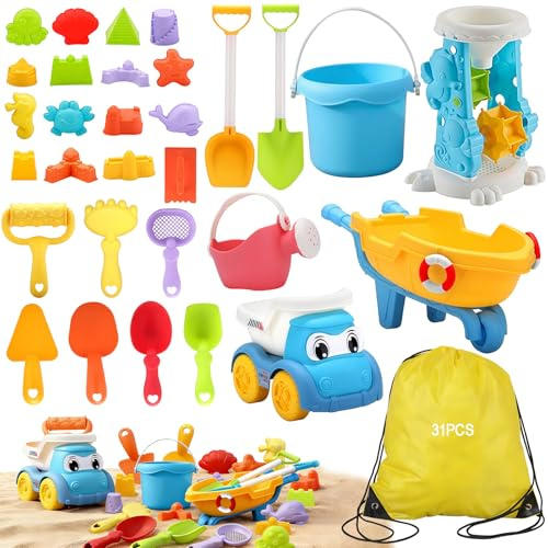 Beach Toys Set, 31pc Play Sand Toys for Toddlers, Collapsible Bucket and Spade Set ,Outdoor Fun Sand Tools for Kids, Girls Boys Summer Beach Games,Summer Outdoor Travel Toys for Kids Toddlers Girls