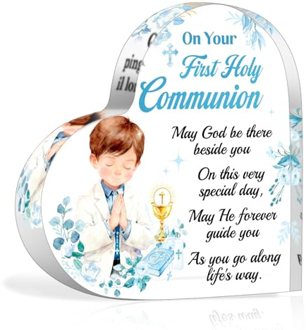 HOWAF First Holy Communion Gifts for Boys, Heart-Shaped Acrylic Plaque Keepsake for Table Decorations, 1st Holy Communion Gifts for Boys, Godson, Son, Grandson
