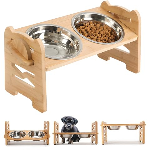 Raised Dog Bowl, Elevated Dog Bowls - 6-Level Adjustable Raised, Bamboo Dog Feeding Station, 2 Stainless Steel Pet Bowl, Dog Bowls with Stand for Dogs and Cats Raised Feeders (Bamboo, M)