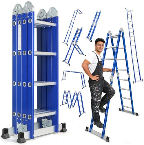 Chanjarhill 7 in 1 Aluminium Mehrzweckleiter - Alu Leiter Klappbar 4x4 Stufen, 464CM Multifunktionsleiter, Haushaltsleiter Stehleiter Klappleiter Gelenkleiter Maximale Tragkraft 150 kg