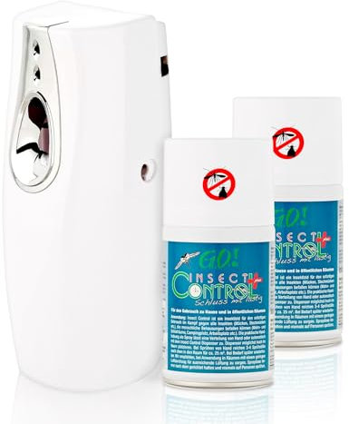 GO! Insect Control SET: 2x Spray-Dosen zu 250ml PLUS 1x Dispenser (Zerstäuber, Aerosol-Spray-Automat) gegen Schnacken, Fliegen, Wespen, Stechmücken u.a. (Extrakt Gänseblümchen-Familie)