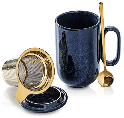 Ceramic Tea Cup Mug Infuser - VICRAYS Large 16 oz Hot Loose Steeping Handle Teacup with Leaf Infuser Spoon Lid - Blue Tall Glazed Strainer Coffee Mug Microwave Safe - Blue