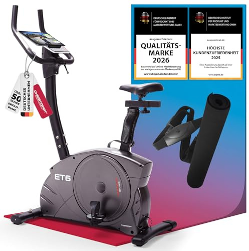 CHRISTOPEIT Ergometer Heimtrainer ET 6, bequem, leise, LCD Display, grau | Indoor Fahrrad mit 24 Widerstandsstufen, bis 150 kg und 200 cm, Bluetooth, Pulsmessung