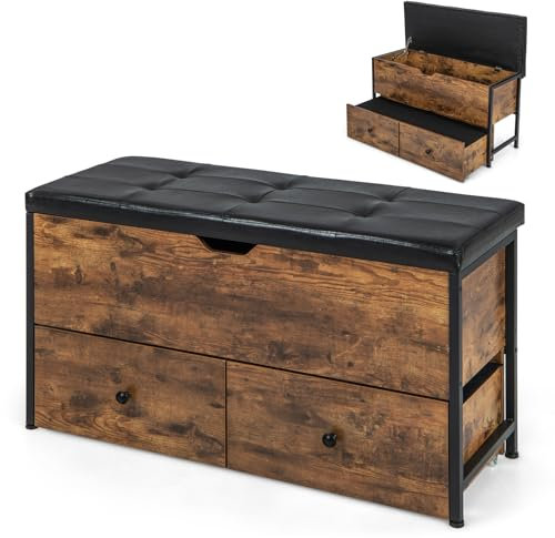 COSTWAY Banc de Rangement Ottoman Industriel, Coffre de Rangement en Bois avec Coussin Rembourré, 2 Tiroirs, Cadre en Métal, Supporte 150 kg, Banquette pour Entrée, Chambre, Salon, Marron Rustique