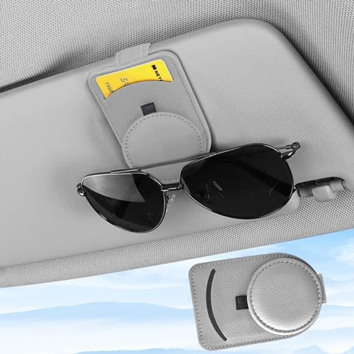 upbeat Brillenhalter für Auto Sonnenblende, 4 Farbe Magnetischer Leder | Sonnenbrillenhalter Auto Brillenhalterung Auto Sonnenblende Organizer Karten Clip Zubehör (Grau, 1 Stück)