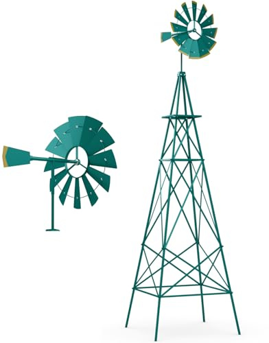 GiantexUK Garden Metal Windmill, 8FT Ornamental Wind Mill, Garden Decoration Weather Vane for Farm, Backyard and Patio (Blue-green, More X-braces) | 8FT Ornamental Wind Mill, Garden Decoration Weather Vane for Farm, Backyard and Patio