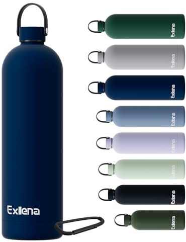 Exllena Trinkflasche Edelstahl mit Griff & Karabiner–500ml/750ml/1L/1,5L isolierte Thermosflasche, 100% auslaufsicher und BPA-frei, Wasserflasche thermo für Sport, Büro & Alltag (Dunkelblau,1500ML)