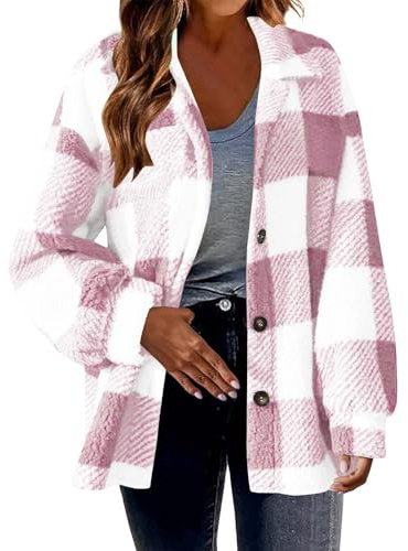 Flodxo Chemise-Veste (Shacket) à Carreaux en Flanelle Femme UK Veste d'Hiver en Polaire Y2K Trench-Coats Manteau d'Hiver Tartan Pardessus en Laine Boutonné Caban Chemise Pelucheuse Duveteuse Col à