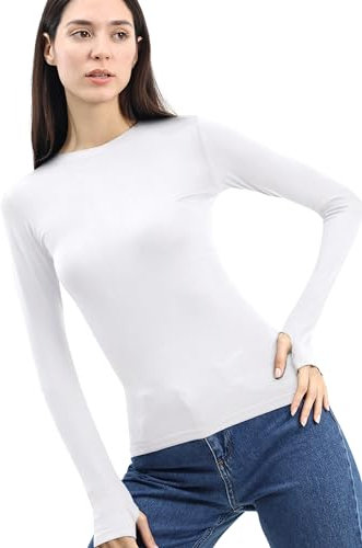 Re Tech UK - Women's Cotton Thermal Long Sleeve T-Shirt with Thumb Holes - Base Layer Running Top for Gym, Sports & Yoga - Black White Thermal Vest for Women UK, (White, S)