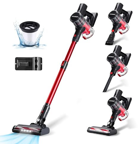 monmecd Aspirateur Balai sans Fil 4-en-1, 150W, 6 * 2200mAh, 49 Min d’Autonomie, LED, 2 Vitesses, Ultra Léger, Réservoir 1L, pour Tapis Sols Durs Poils d’Animaux Voiture - Gris