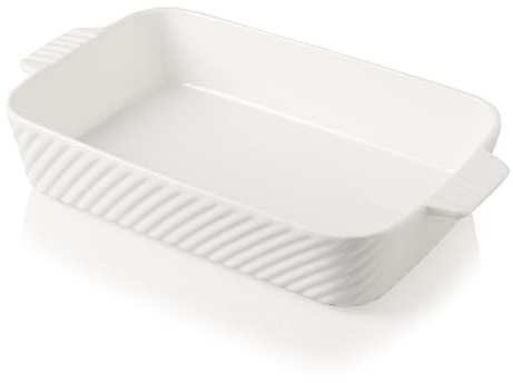 Sweejar Ceramic 13 x 9 Baking Pan, Cake Baking Dish for Brownie, Porcelain Striped Casserole Dishes for Oven with Handle for Lasagna, Family Dinner(White)