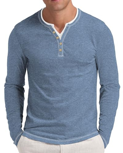 NITAGUT Henley Long Sleeve Shirts for Men Color Lines T-Shirts Casual Tees Button Washed Basic Mens Henley Tops,Blue,XL