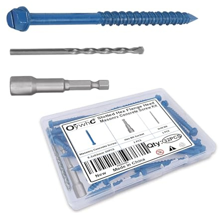 OywhC 30Pcs Masonry Concrete Screws 6.3mm x 63mm with Hexagon Socket Bit & Drill Bit, Special Blue Coating, Hexagon Flange Head, Conical Diamond Tip, High-Low Threads, for Masonry/Concrete/Brick/Block