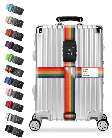 Kreuz Gepäckgurt TSA Schloss, Verstellbarer Koffergurt für 20–32 Zoll Koffer, Kofferband mit 3-stelligem Zahlenschloss & Namensschild, Reisegurt zur Gepäcksicherung (Regenbogenfarben)