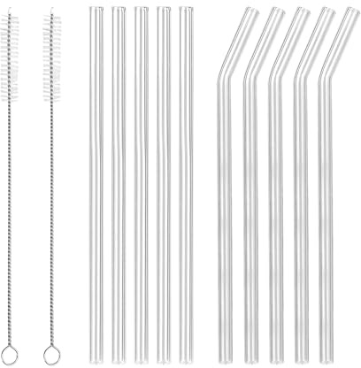 10 pajitas de vidrio reutilizables, pajitas transparentes, pajitas largas de vidrio, con 5 rectas y 5 curvas, 2 cepillos de paja, 8 x 180 mm, para batidos, batidos, zumos